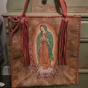 Brown and Red Fringed Tote Bag